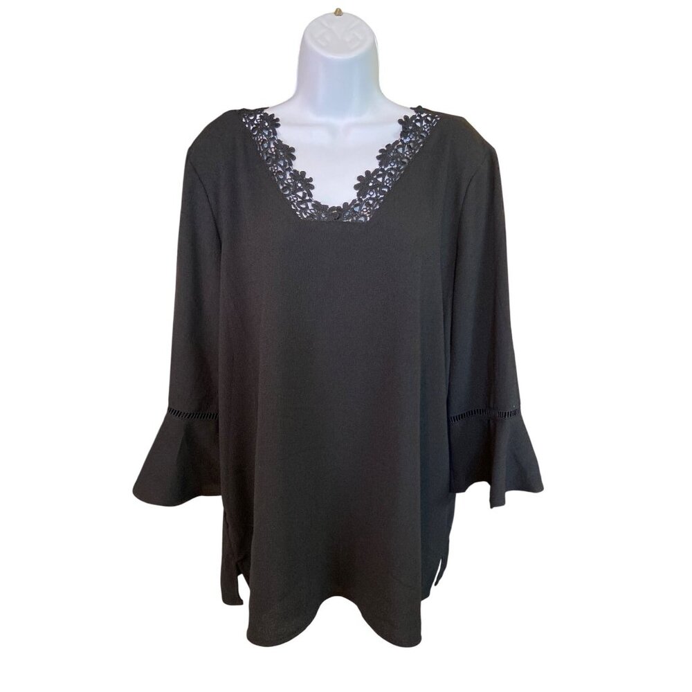 Marc New York Blouse XL Black Lace Trim Bell Sleeve Tunic Goth Boho Lagenlook